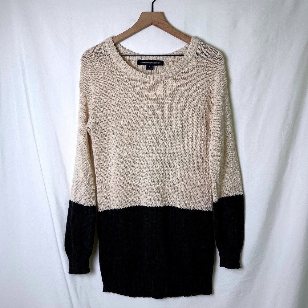French Connection Womens Colorblock Open Knit Cotton Sweater Size M Beige Black